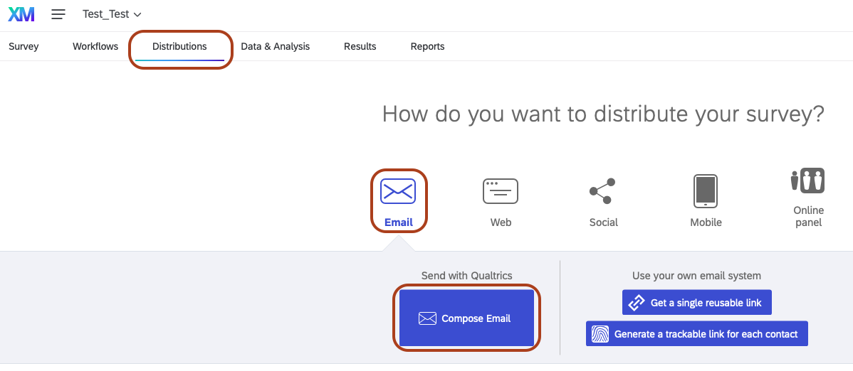 Survey distribution: composing emails Screenshot of the Qualtrics Survey “Distributions” tab showing the email distribution interface with the “Compose Email” button selected.
