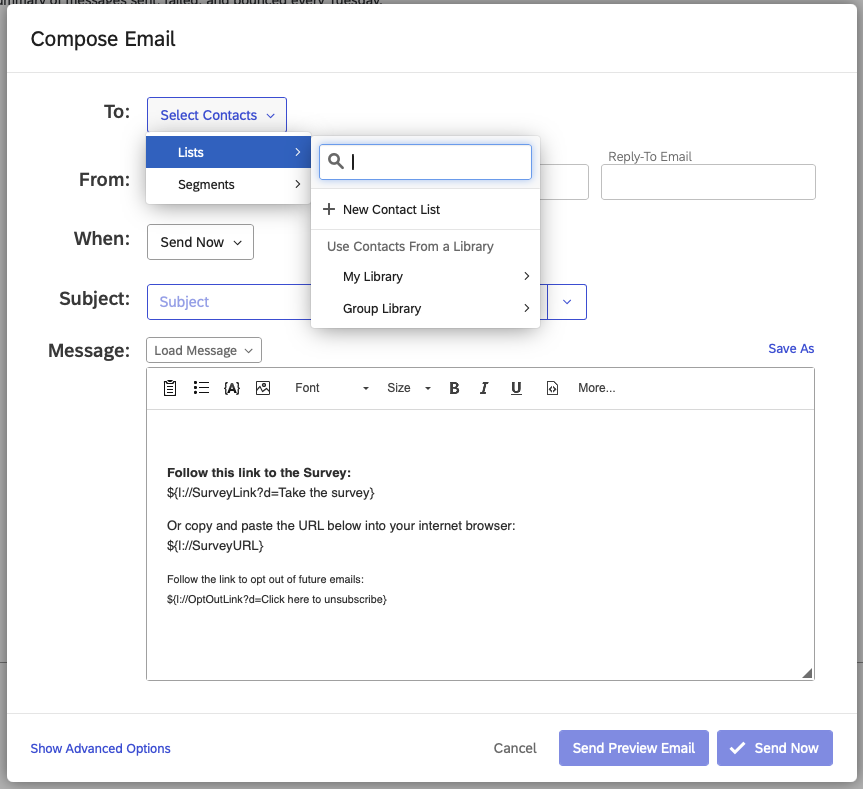 Qualtrics email distribution: email composition Screenshot of the Qualtrics “Compose Email” dialog box with input fields to configure recipients, email subject, and message body.