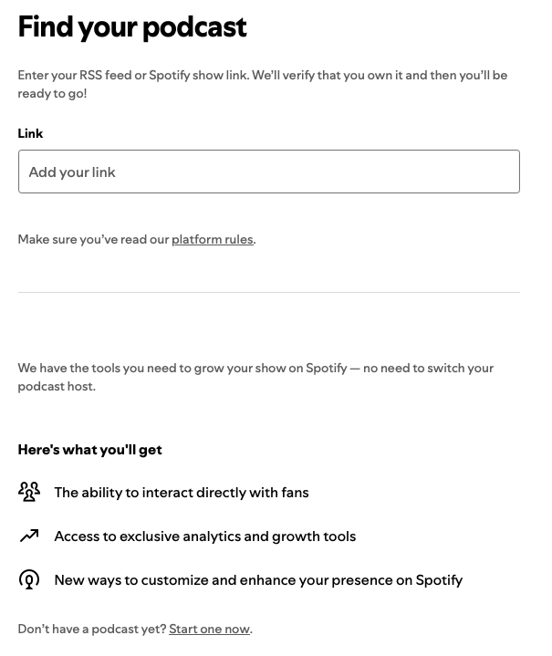 Screenshot of the ‘Find your Podcast’ screen in Spotify for Creators, displaying an area to paste in a link.