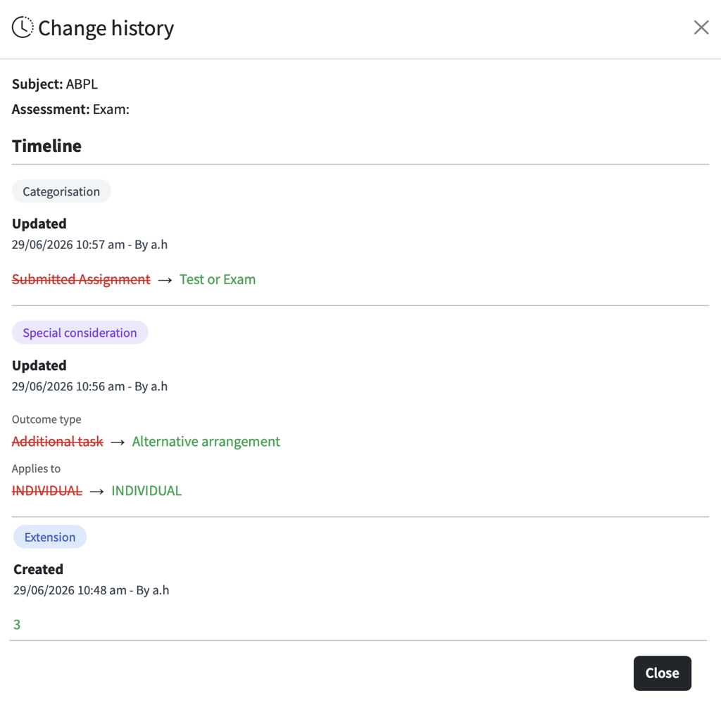 Screenshot of the Change History dialog box showcasing the timeline of modifications made to the categorisation type, special consideration and extension. The date and time of the change, as well as username of the individual actioning the change is detailed.
