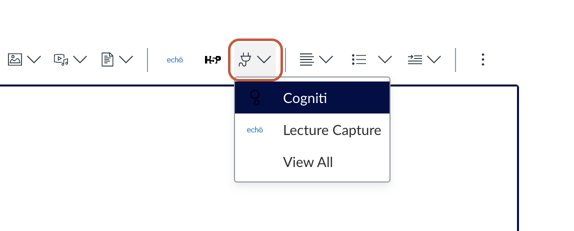 Screenshot of the Canvas rich content editor toolbar. The apps icon is highlighted with the drop-down showing Cogniti.