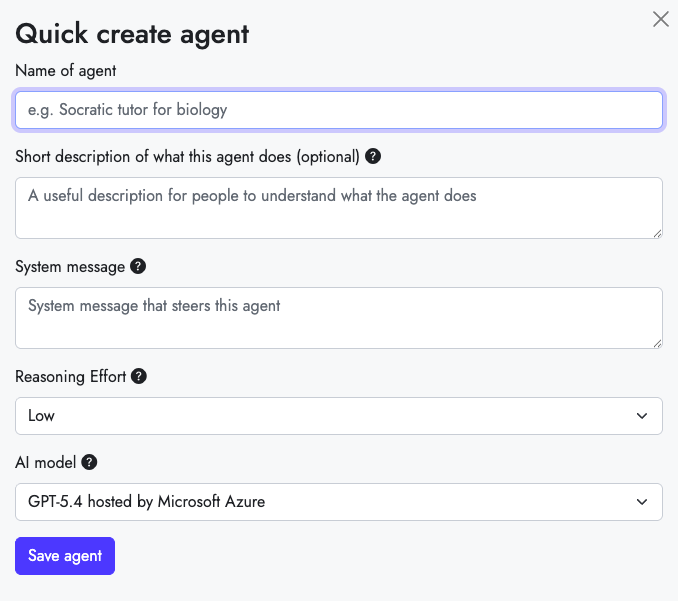 A screenshot of a section of the Home page of Cogniti. This image highlights the Create agent button on the right-hand side. On the left-hand side, there is a button for a hamburger menu and a search bar to search for agents. 