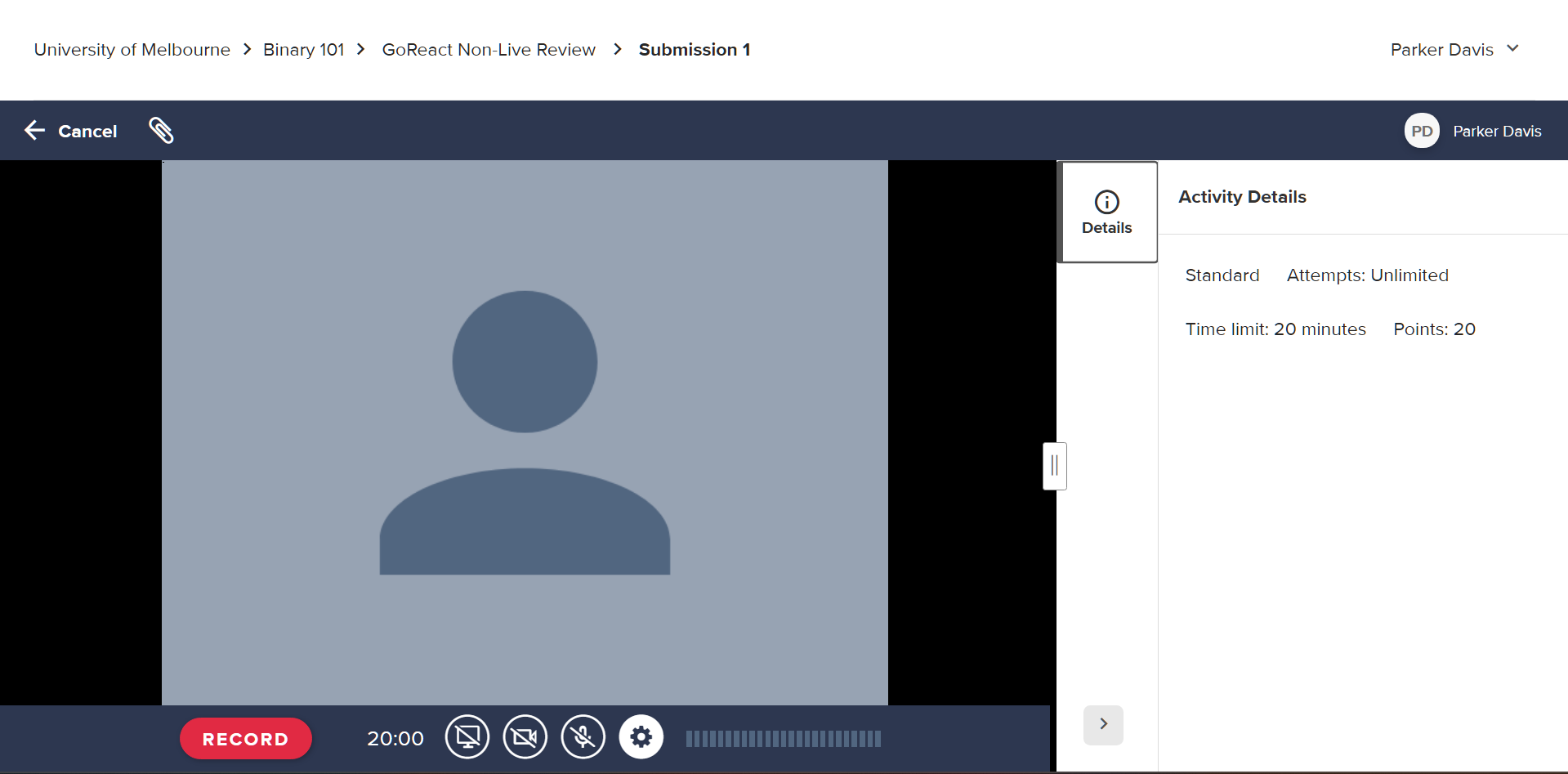 The GoReact recorder as accessed via the activity. In the center is a video preview. On the bottom there is a record button and buttons for screen sharing, video, audio, and additional settings. On the right there is an Activity Details panel.