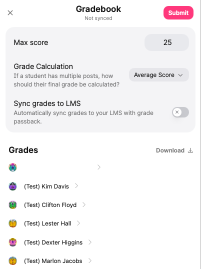 Screenshot of the &lsquo;Gradebook' in Padlet, details the &lsquo;Max score&rsquo;, &lsquo;Grade Calculation&rsquo; and &lsquo;Synch grades to LMS&rsquo; settings.