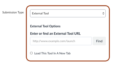 Screenshot of the Submission Type setting when configuring a new assignment in Canvas with&lsquo;External Tool&rsquo; is selected 