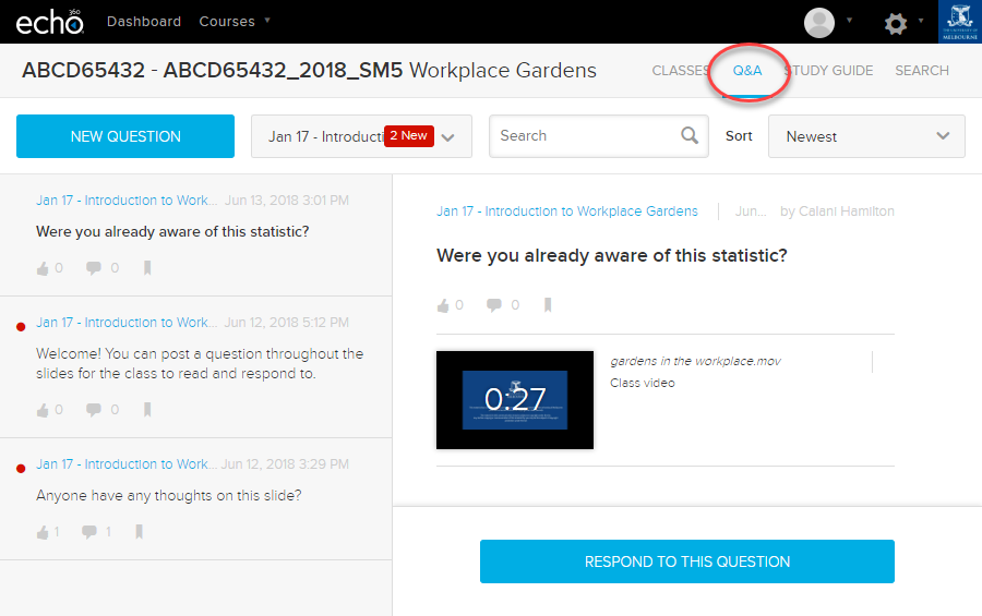 Access all questions posted in the subject from the Q&A tab