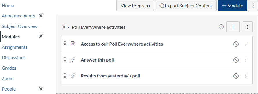Example of links to Poll Everywhere added to a Module