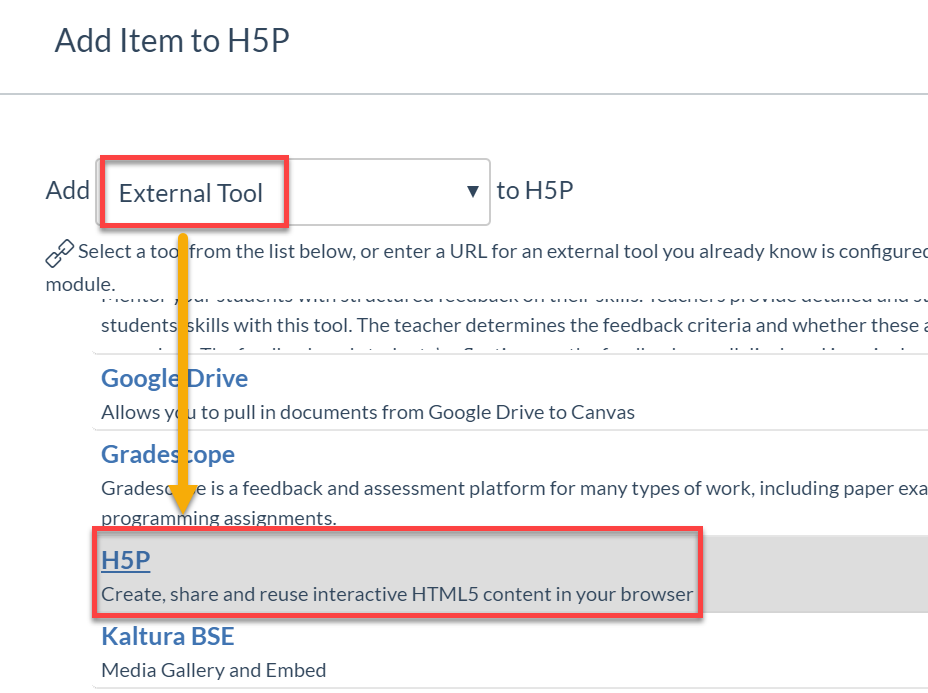 Select H5P as External Tool