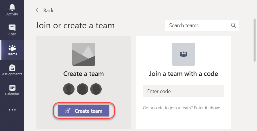 Create team button 