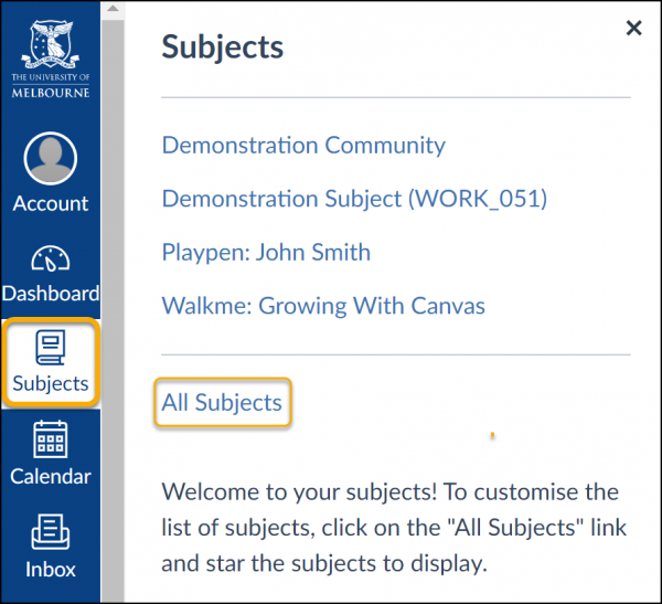 Location of All Subjects link in Canvas LMS