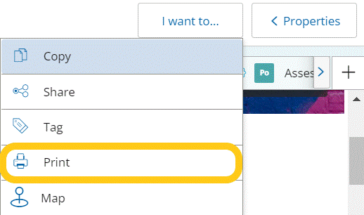 ’Print’ option selected from ‘I want to’ button in PebblePad ’Print’ option selected from ‘I want to’ button in PebblePad