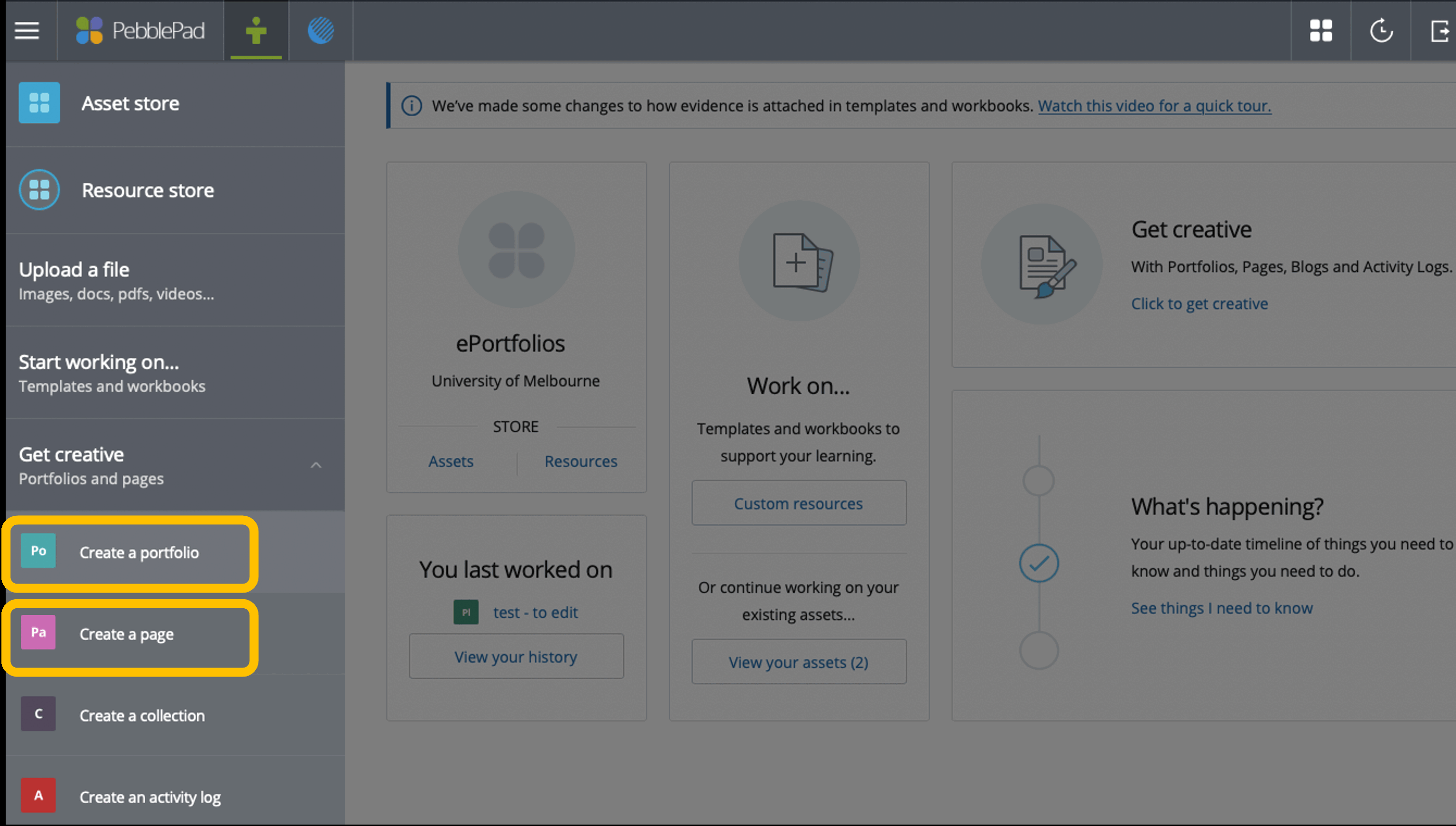 Navigating to create a portfolio or page Navigating to create a portfolio or page