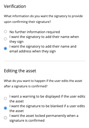 Options for digital signatures include verification options (such as requiring name and email address for signatories) and locking options (such as removing the signature if the worksheet is edited later).