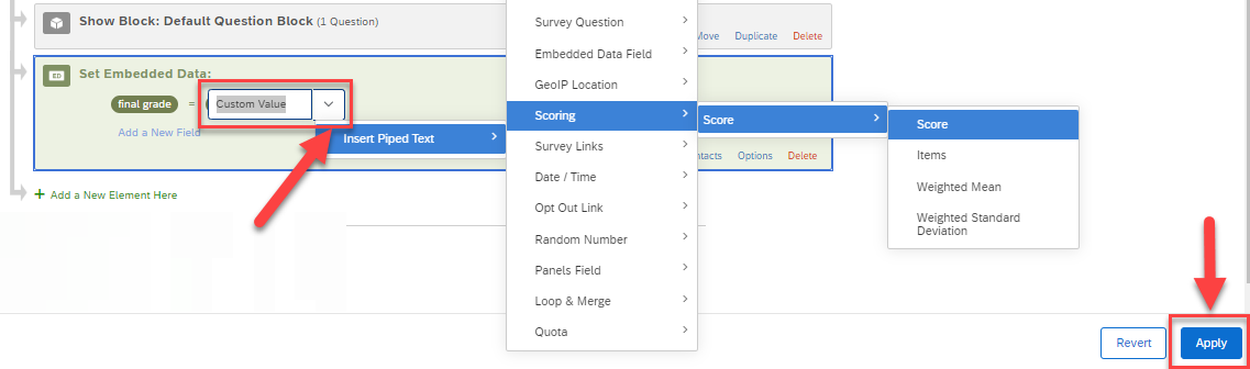 The final_grade option can be linked to the score calculated by Qualtrics