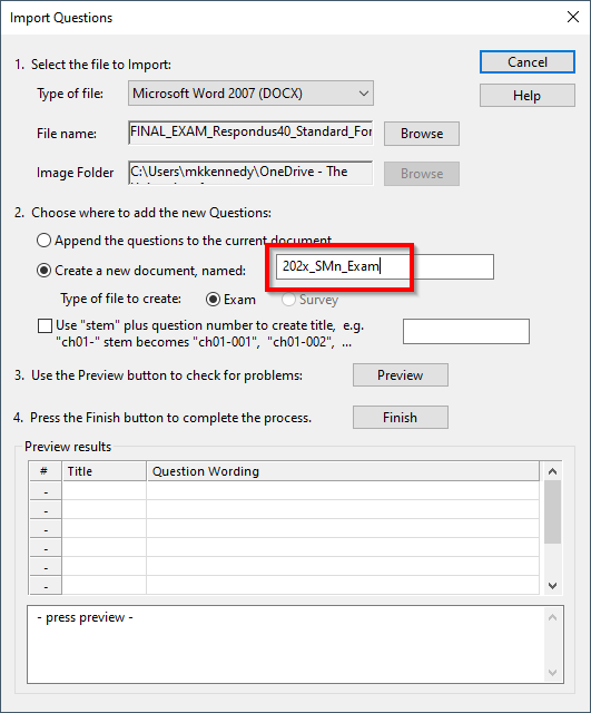 Naming a new document in Respondus 4.0 software