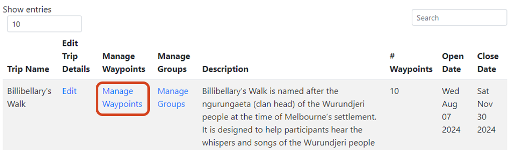 Manage Waypoints link on the Trip Settings menu