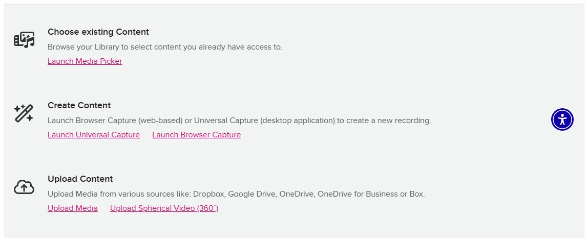 Lecture Capture dialogue options The EchoVideo Media Picker accessed via the assignment submissions page, with the options to choose existing content from the library, create content using Echo's capture applications, or to upload media.