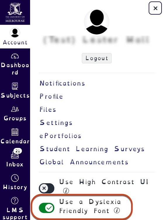 A screenshot of the user settings in Canvas highlighting the option for a dyslexia friendly font