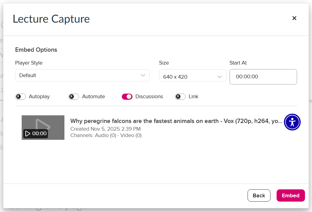 EchoVideo Media Picker: Embed options A screenshot of EchoVideo’s Media Picker, after a media asset has been selected. In the console, there are embed options, with dropdowns for Player Style, Size, and Start At as well as toggles for Autoplay, Automute, Discussions, and Link. On the bottom right, there is the option to go Back to a preivous step or to Embed the selected media.