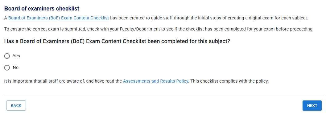 Board of examiners checklist question requesting users to confirm whether the checklist has been completed for the subject. 
