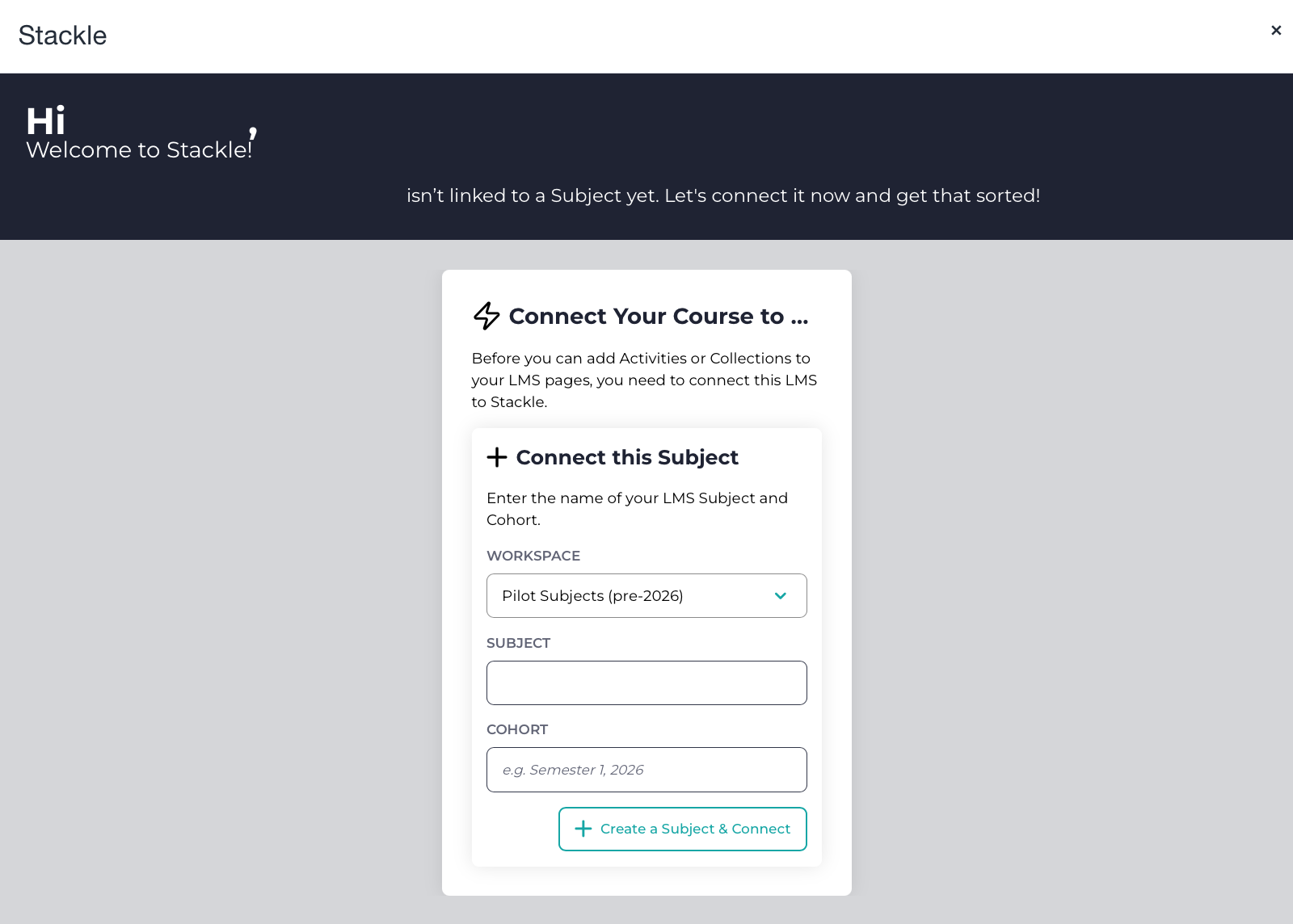 Connecting your subject to Stackle Screenshot of the Stackle modal with options to create a new course in Stackle or link to an existing one.