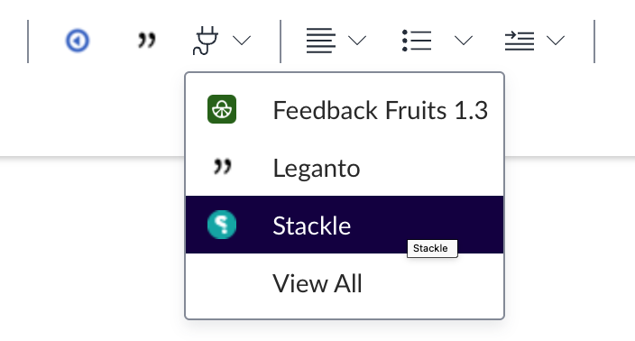 Accessing Stackle through the apps button Screenshot of the Stackle option in the apps button in a Canvas rich content editor
