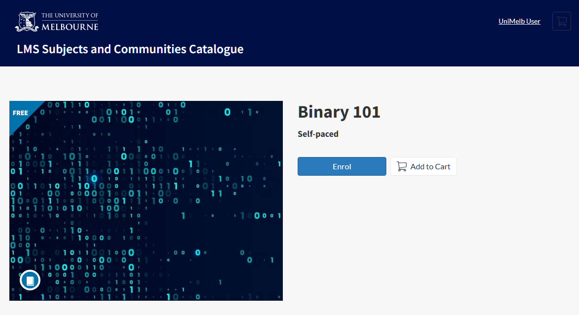 LMS Catalogue: Self-enrol listing Screenshot of a listing in the LMS Catalogue. On the left-side, there is the listing’s image. On the right-side, there is the listing title and options to Enrol or Add to Cart.