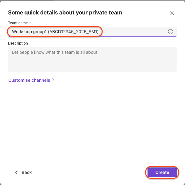 Pop-up Window with field for Team name, Description, and a purple Create button)