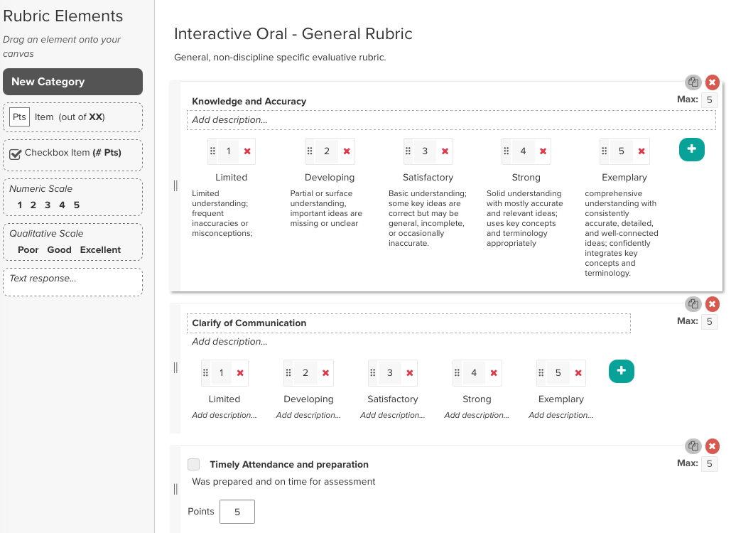 GoReact Rubric builder with various components including scales, checkboxes and points.
