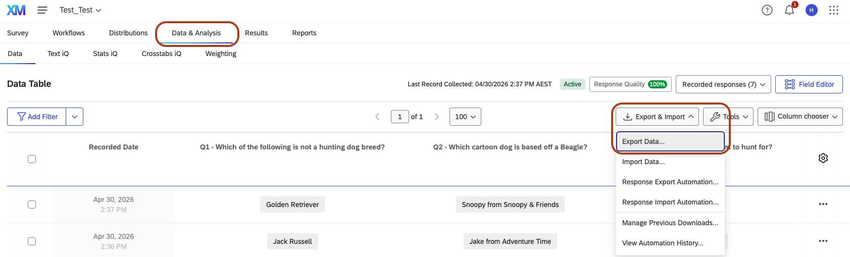 Data & Analytics tab in Qualtrics survey Screenshot of the Data & Analysis screen in a Qualtrics survey, showing the Export & Import drop-down menu expanded with “Export Data” highlighted.