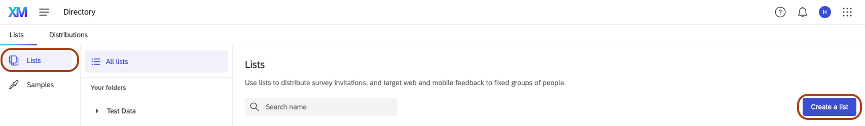 Qualtrics Directory: Create a list Screenshot of the Qualtrics directory list page showing available lists, with the “Create a List” button visually highlighted.