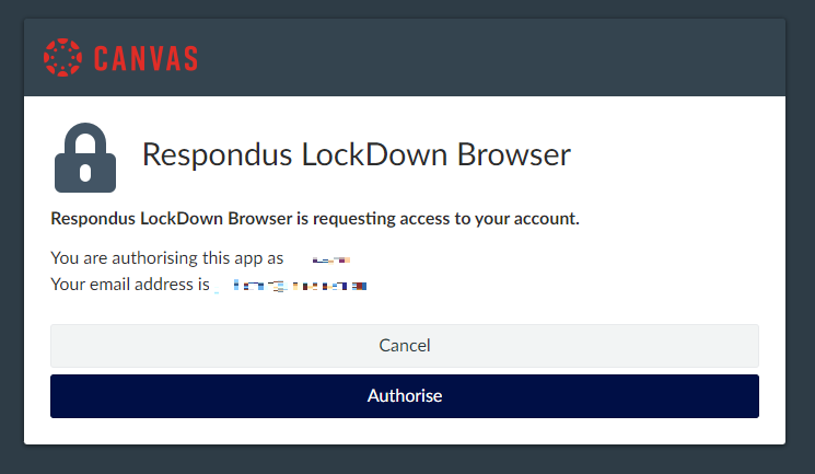Authorise Respondus request A pop-up window requesting Respondus authorisation to proceed with the SSO authentication.