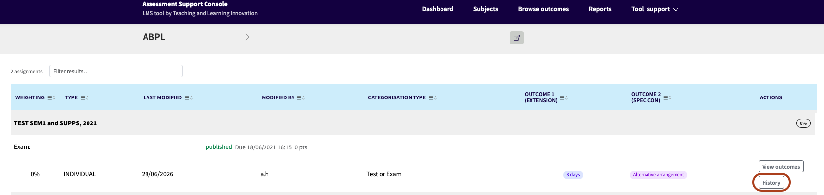 Screenshot of a subject assignment in the Assessment Support Console with the ‘History’ button highlighted.