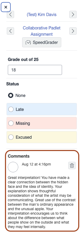 Screenshot of from the LMS gradebook displaying individual grades and comments.
