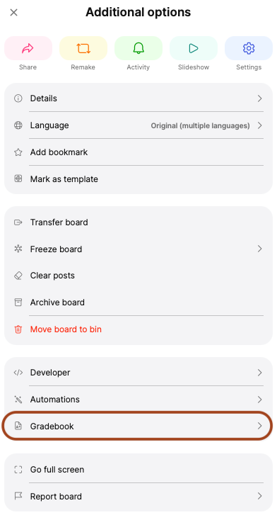 Screenshot of the &lsquo;Additional options&rsquo; settings, with &lsquo;Gradebook&rsquo; highlighted.