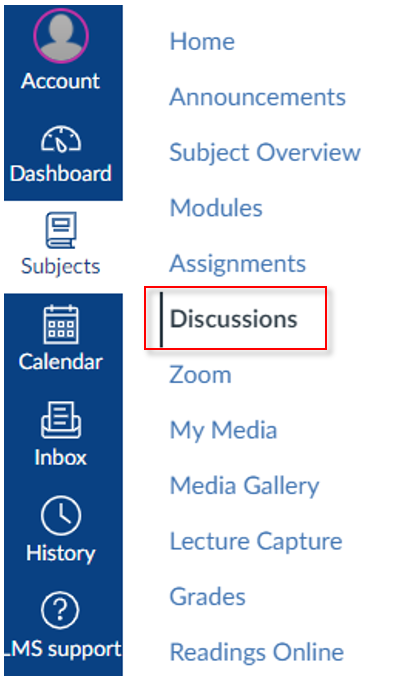 The Discussions heading in the subject navigation menu