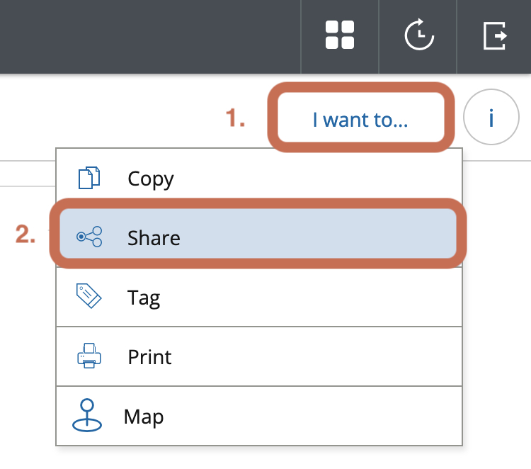 At the beginning of the blog screen is a menu called "I want to". Open the menu and select "Share"