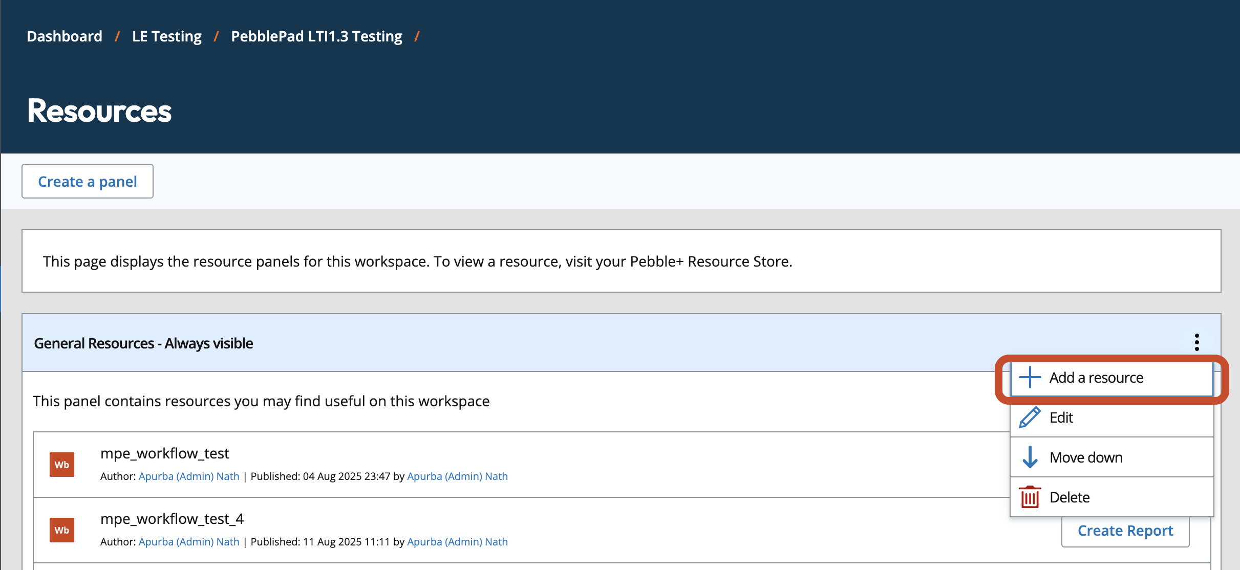 Resources tab shows &lsquo;Create a panel&rsquo; button followed by a General resources panel with two example resources available within it. Four buttons are listed to the right of the title inside the General resources panel, the first shows a folder icon and is highlighted)