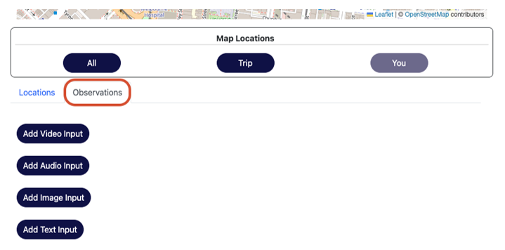 Select the 'Observations' tab to view observations and select input types Select the 'Observations' tab to view observations and select input types