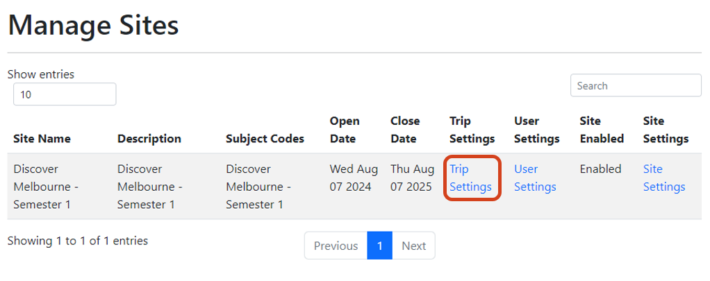 Trip Settings link on the Manage Sites menu