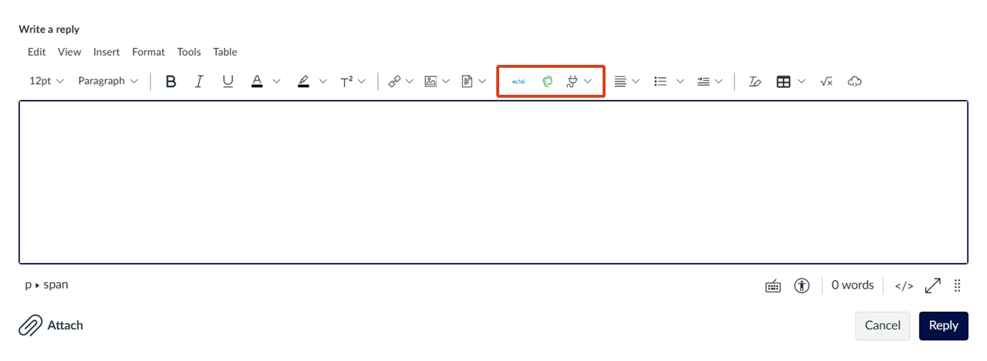 Rich Content Editor toolbar The Rich Content Editor in an LMS Discussion. Highlighted in the toolbar are the icons for EchoVideo on the left and Apps on the right.
