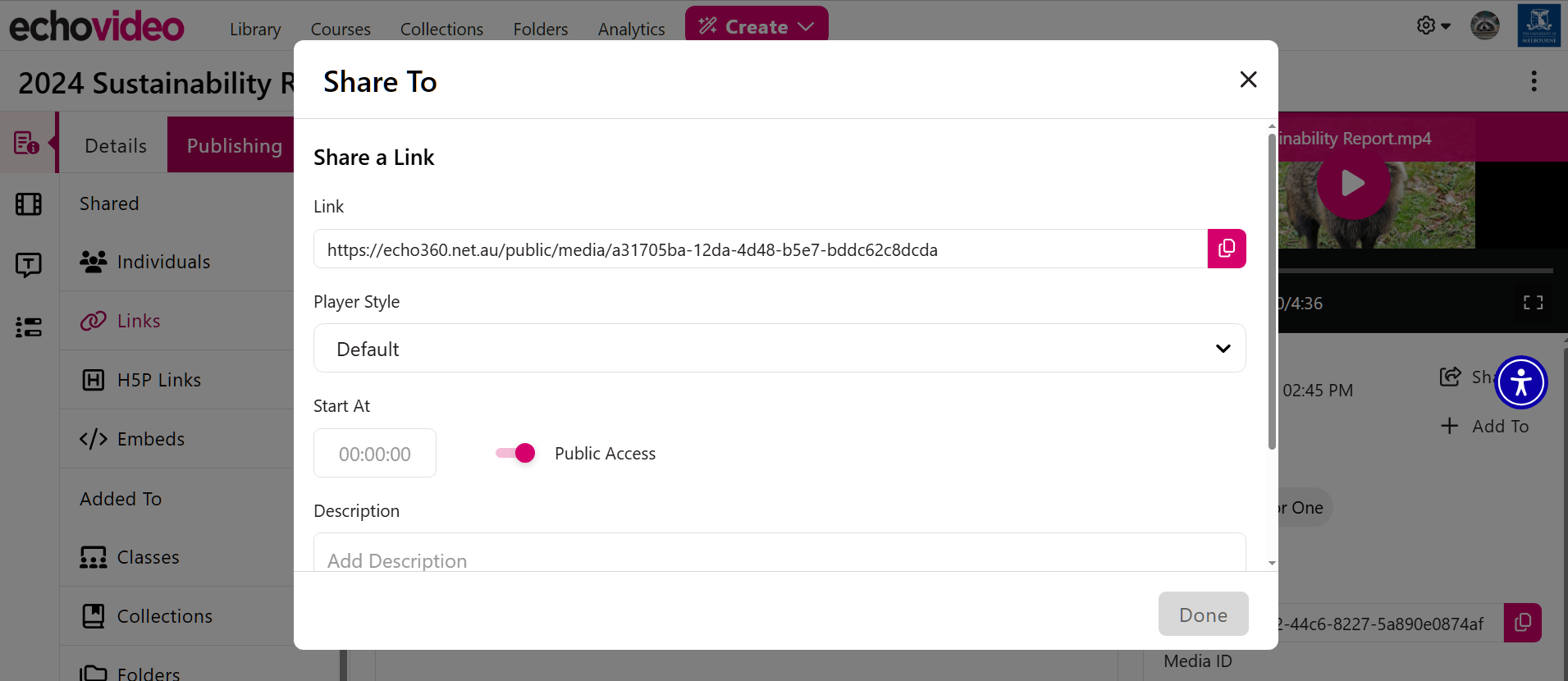 Screenshot of the additional options for Share Links. In the console, there are fields for the link, description, and Start At time, as well a drop-down for users to select a Player Style.