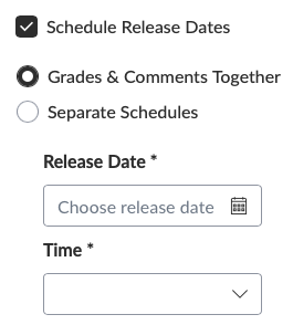 Configuration panel for scheduling feedback release. Screenshot of Grade Posting Policy menu