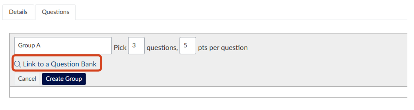 Set up Question Group details and link it to a question bank The Add New Question Group screen showing the option to link the question group to a question bank.