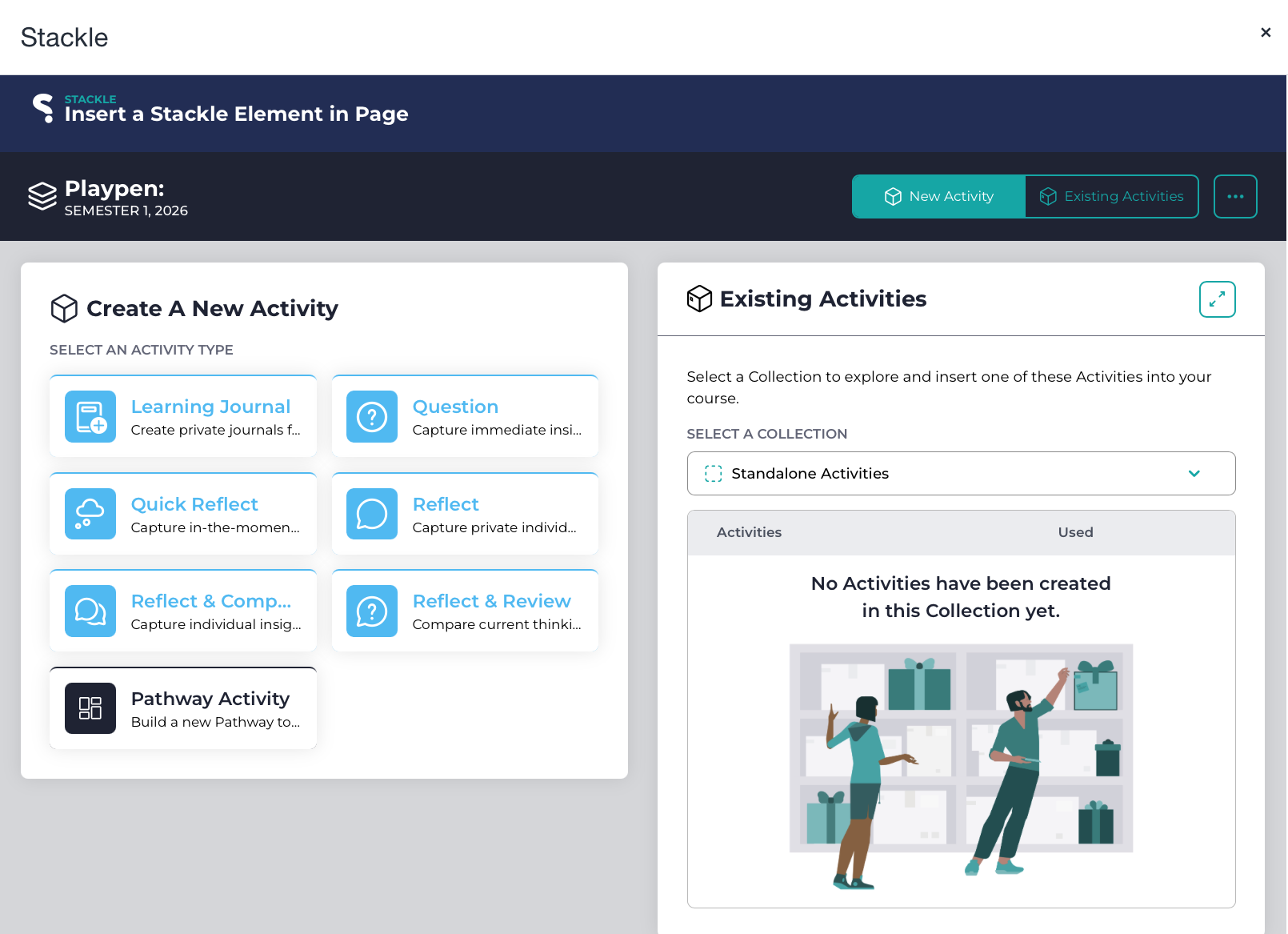 Create a new activity in Stackle Screenshot of the activity types available when creating a new activity