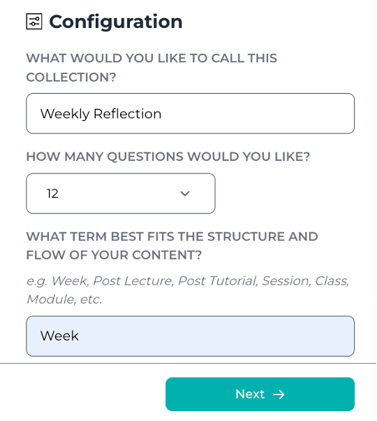 Configuration for a weekly learning journal Screenshot of the configuration options for a weekly learning journal