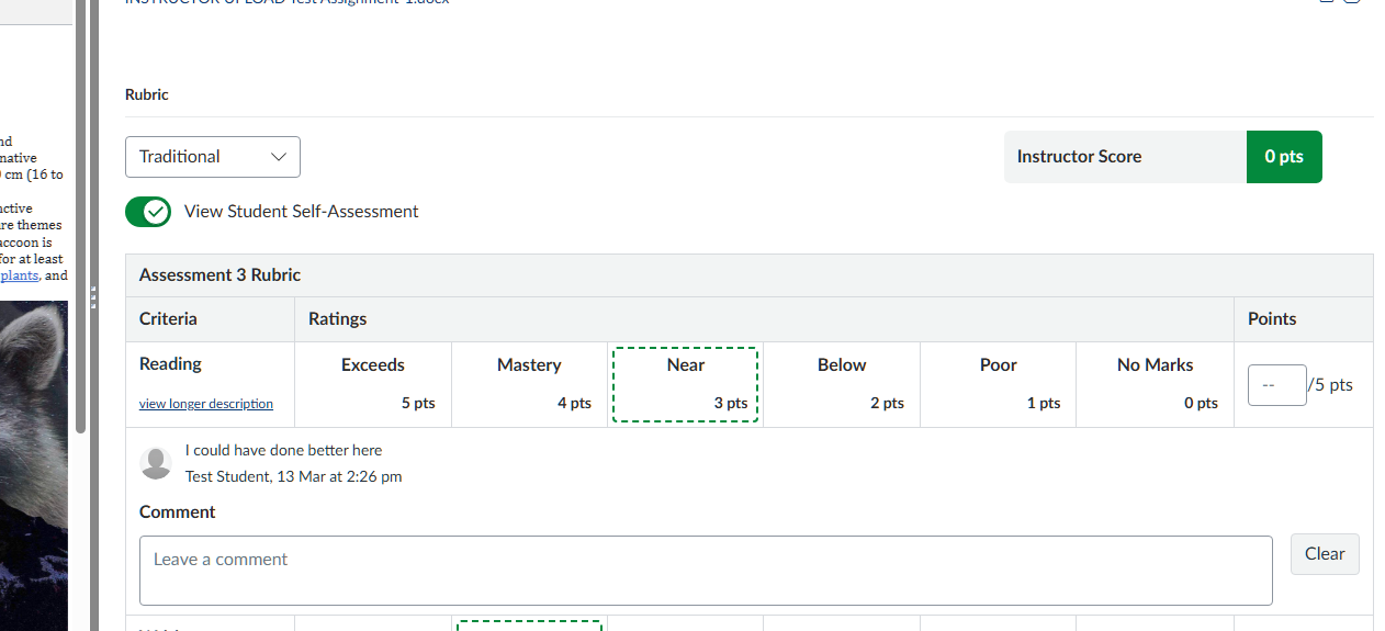 Instructor-view: View Student Self-Assessment Screenshot of Enhanced Rubrics in Speedgrader in instructor-view. The toggle to “View Student Self-Assessment” is enabled. Below that, the assignment’s rubric appears with the students' self-assessment appearing in dotted lines in addition to their comments.