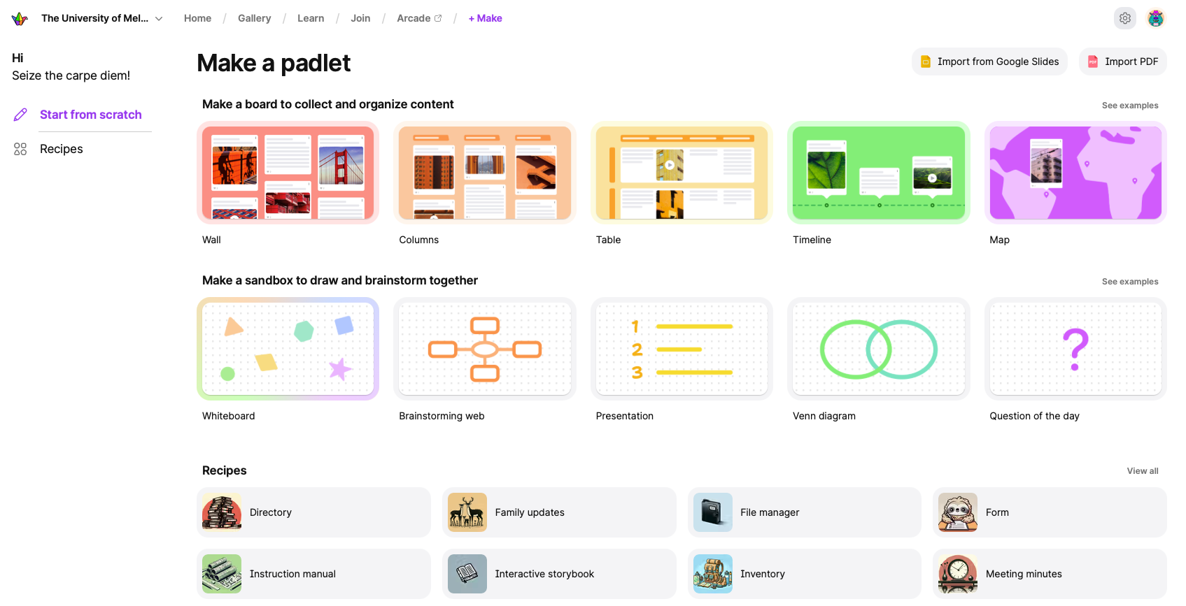 Layout options Screenshot of the “Make a Padlet” screen showing the different layout options available for creating a Padlet, including columns, table, wall, and other formats.