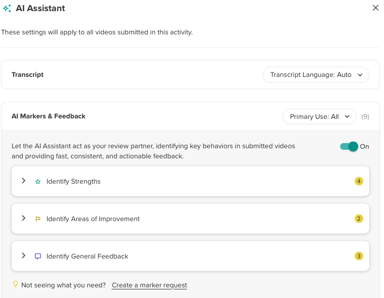 AI assistant configuration window displaying Auto language transcript and focus on Identifying strengths, Areas of Improvement and general feedback. 