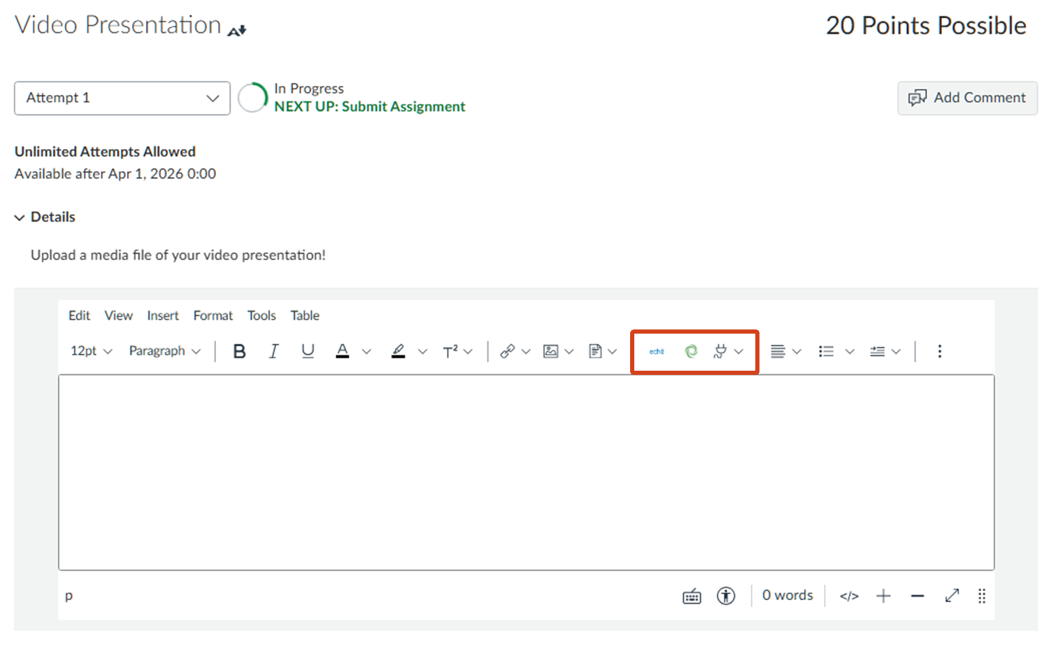 Screenshot of an LMS assignment with &ldquo;text entry&rdquo; enabled as the submission type. At the top of the image, there is the assignment title followed by details. On the bottom of the image is the rich content editor with the Apps section highlighted.